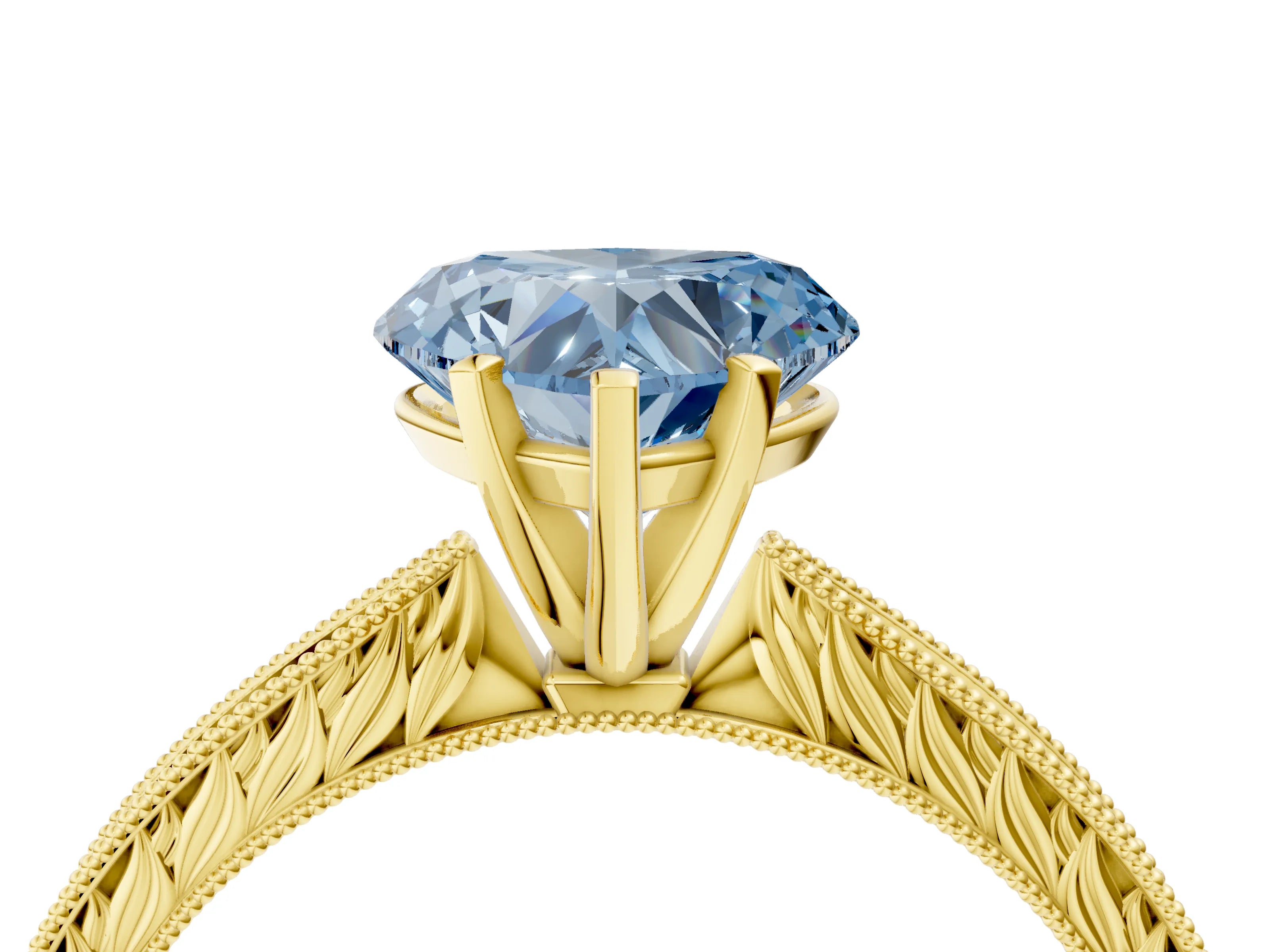 Yellow gold Fancy Blue Heart Cut Solitaire Milgrain Engraved Band with Four-Prong Setting_4