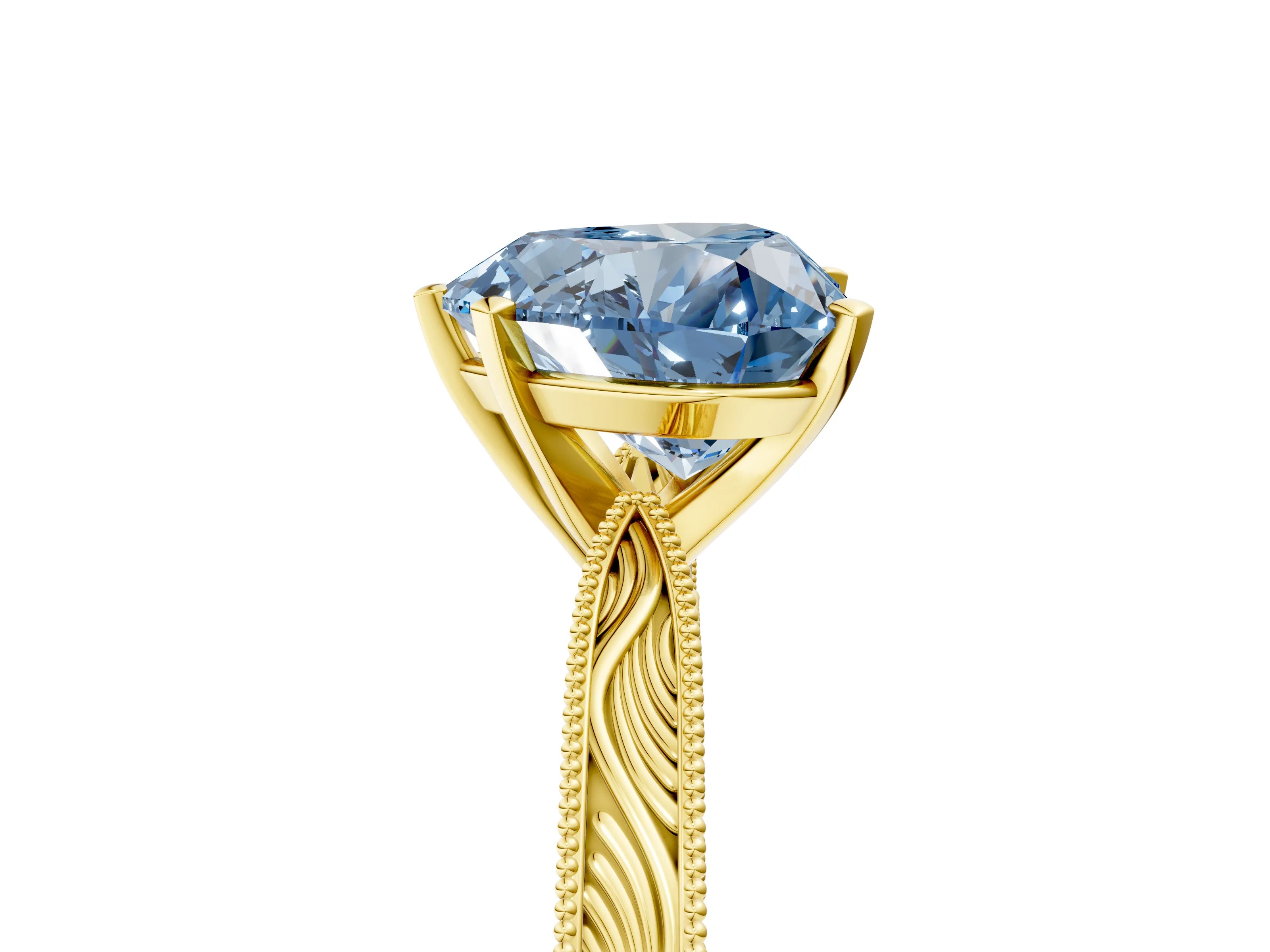 Yellow gold Fancy Blue Heart Cut Solitaire Milgrain Engraved Band with Four-Prong Setting_5