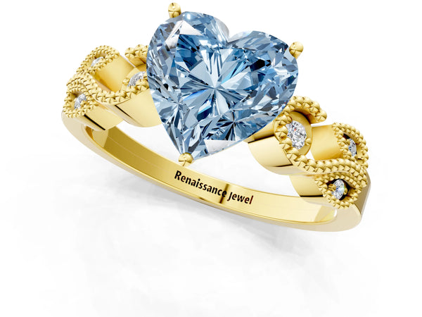 Yellow gold Fancy Blue Heart Cut Solitaire Milgrain Leaf Band with Prong Setting
