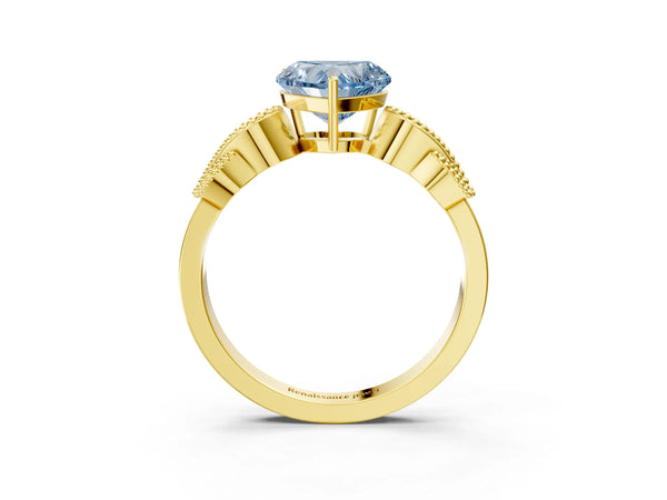 Yellow gold Fancy Blue Heart Cut Solitaire Milgrain Leaf Band with Prong Setting