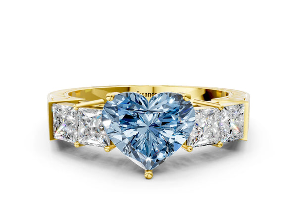 Yellow gold Fancy Blue Heart Cut Solitaire Princess Side Stone Engraved Band Prong Setting Ring