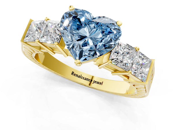 Yellow gold Fancy Blue Heart Cut Solitaire Princess Side Stone Engraved Band Prong Setting Ring