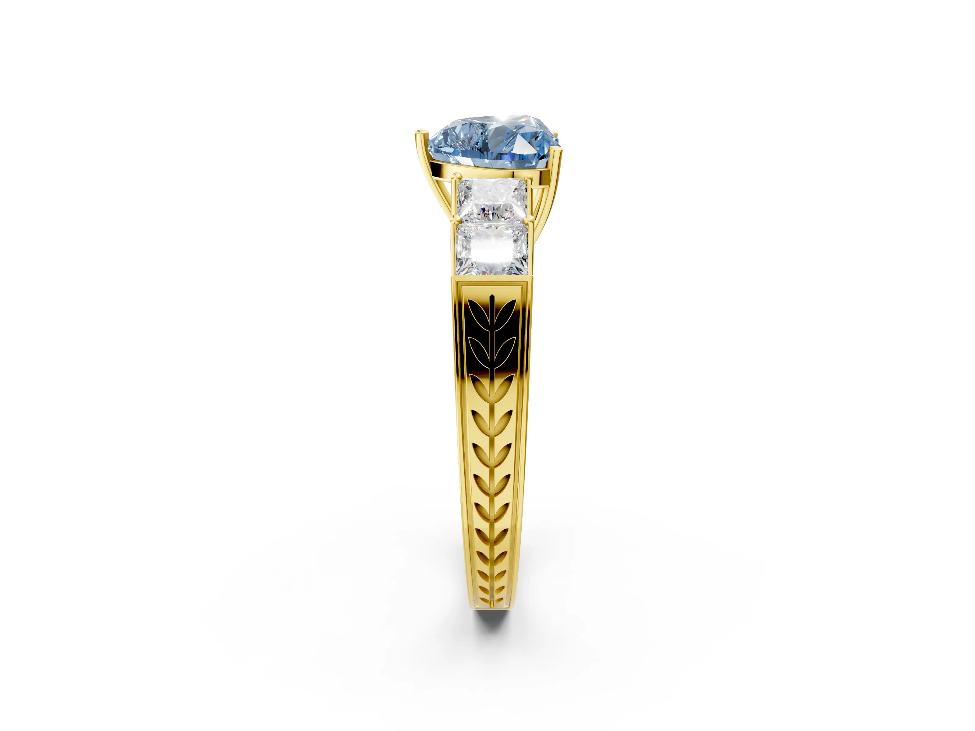 Yellow gold Fancy Blue Heart Cut Solitaire Princess Side Stone Engraved Band Prong Setting Ring_2