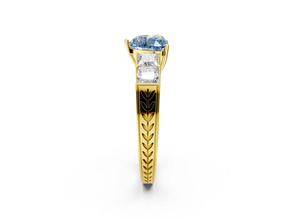 Yellow gold Fancy Blue Heart Cut Solitaire Princess Side Stone Engraved Band Prong Setting Ring