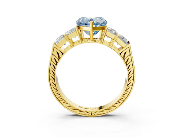 Yellow gold Fancy Blue Heart Cut Solitaire Princess Side Stone Engraved Band Prong Setting Ring