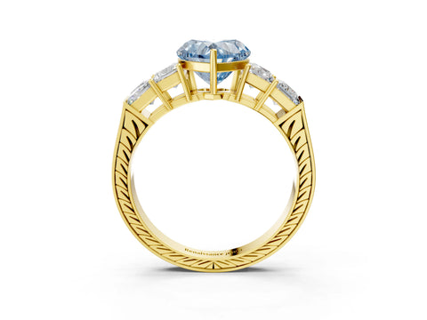 Yellow gold Fancy Blue Heart Cut Solitaire Princess Side Stone Engraved Band Prong Setting Ring_3