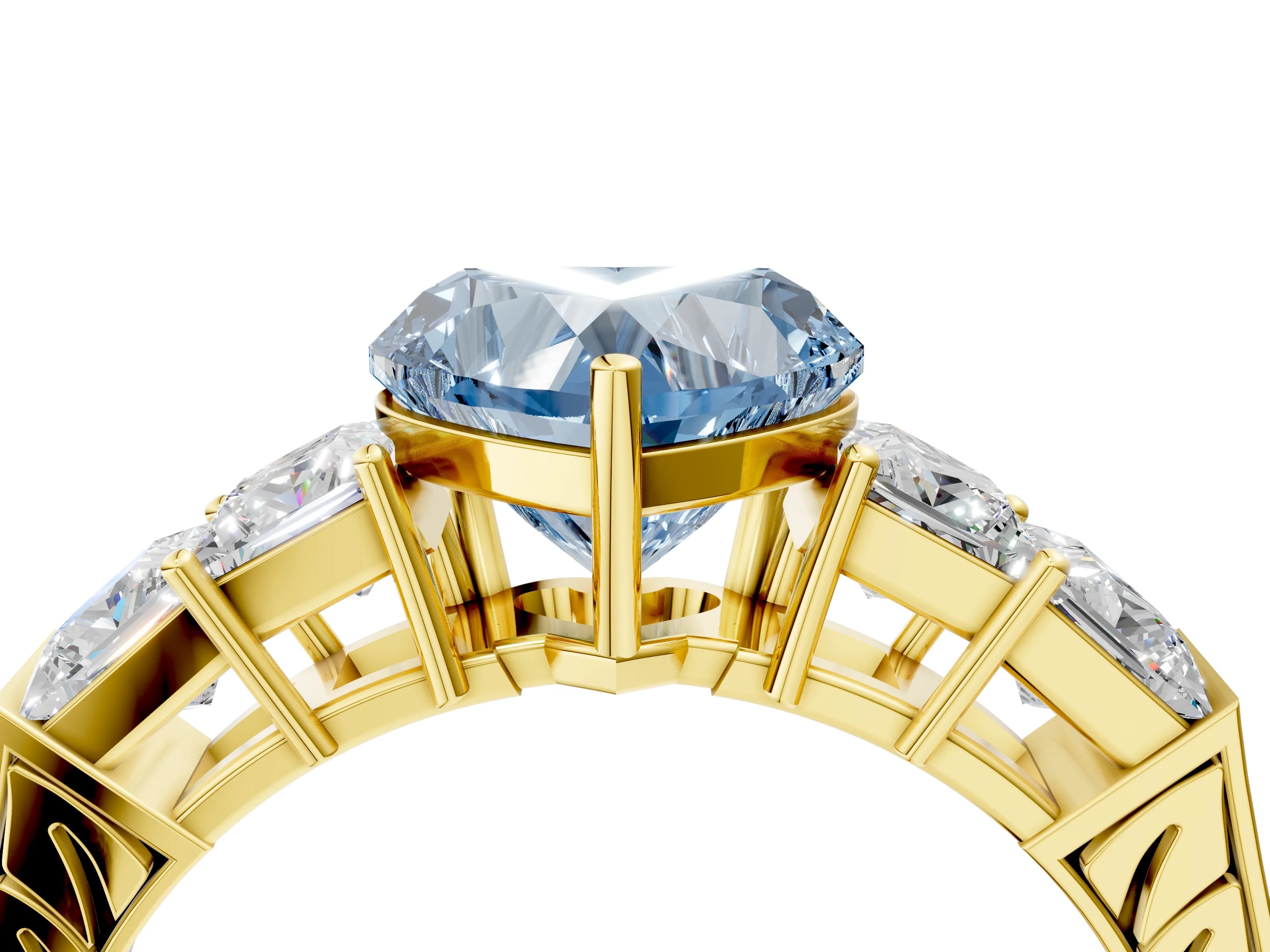 Yellow gold Fancy Blue Heart Cut Solitaire Princess Side Stone Engraved Band Prong Setting Ring_4
