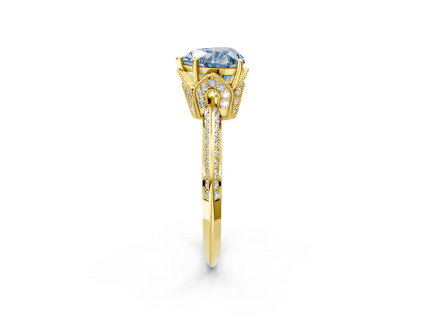 Yellow Gold Heart-Shaped Graduated Pave Engagement Ring Setting for Fancy Blue Center