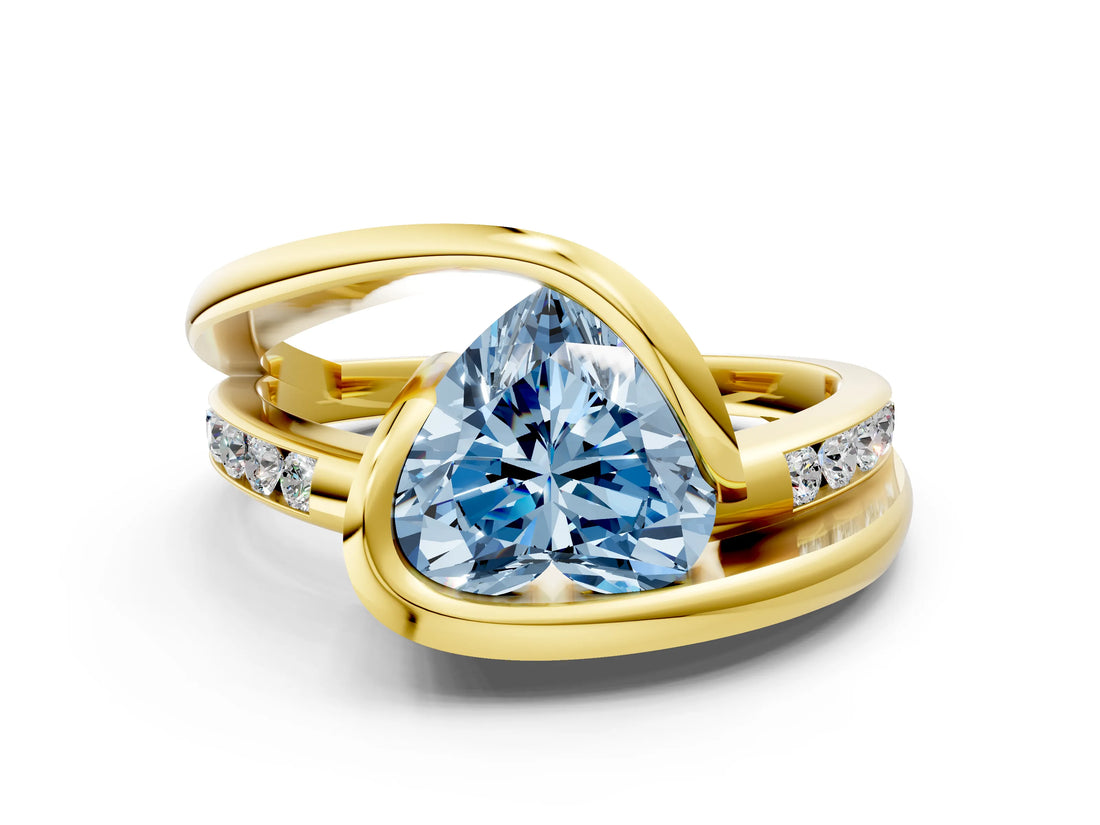 Yellow gold Fancy Blue Heart Cut Solitaire Tension-Set Diamond Split Shank Ring_12