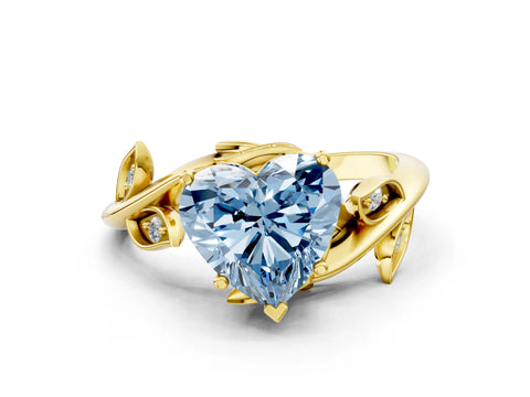 Yellow gold Fancy Blue Heart Cut Solitaire Twist Engagement Ring with Leaf Accents and Prong Setting_12