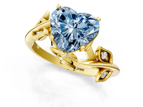 Yellow gold Fancy Blue Heart Cut Solitaire Twist Engagement Ring with Leaf Accents and Prong Setting_13