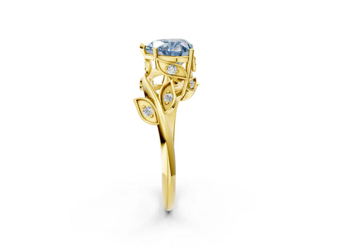 Yellow gold Fancy Blue Heart Cut Solitaire Twist Engagement Ring with Leaf Accents and Prong Setting_14