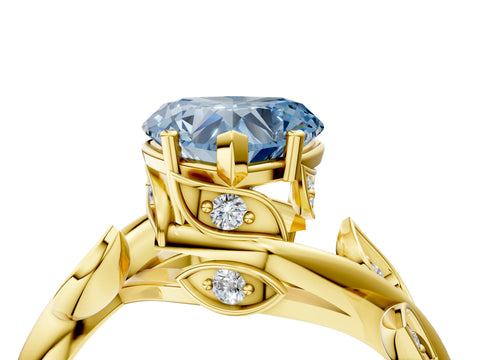 Yellow gold Fancy Blue Heart Cut Solitaire Twist Engagement Ring with Leaf Accents and Prong Setting_16
