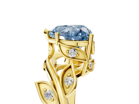 Yellow gold Fancy Blue Heart Cut Solitaire Twist Engagement Ring with Leaf Accents and Prong Setting_17