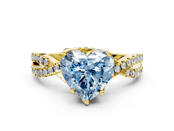 Yellow gold Fancy Blue Heart Cut Solitaire Twist Pave Diamond Engagement Ring with Prong Setting