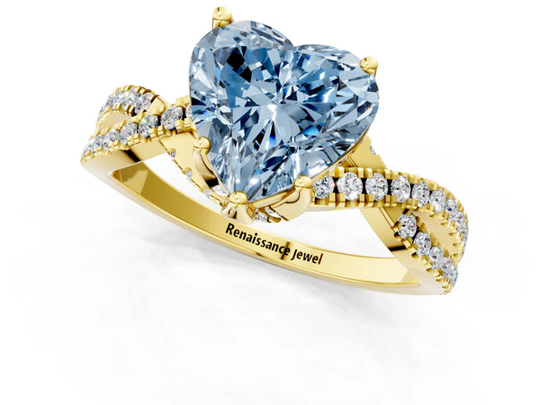 Yellow gold Fancy Blue Heart Cut Solitaire Twist Pave Diamond Engagement Ring with Prong Setting