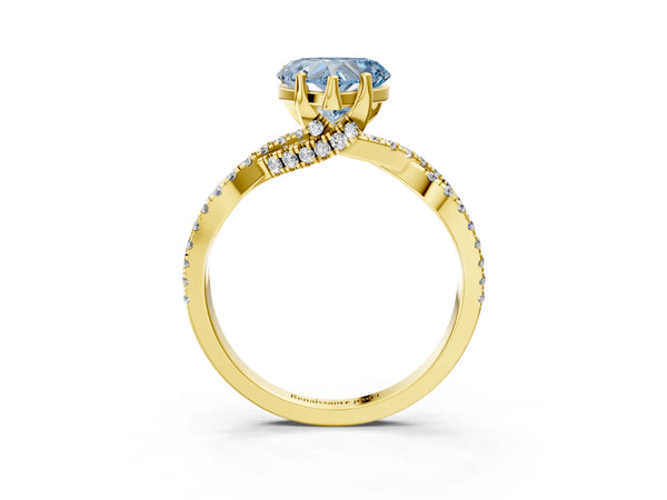 Yellow gold Fancy Blue Heart Cut Solitaire Twist Pave Diamond Engagement Ring with Prong Setting