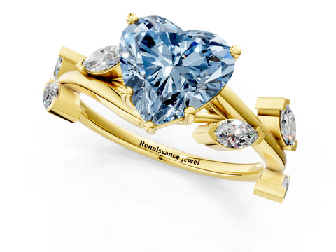 Yellow gold Fancy Blue Heart Cut Solitaire Twisted Band Marquise Accent Prong Setting Ring_1