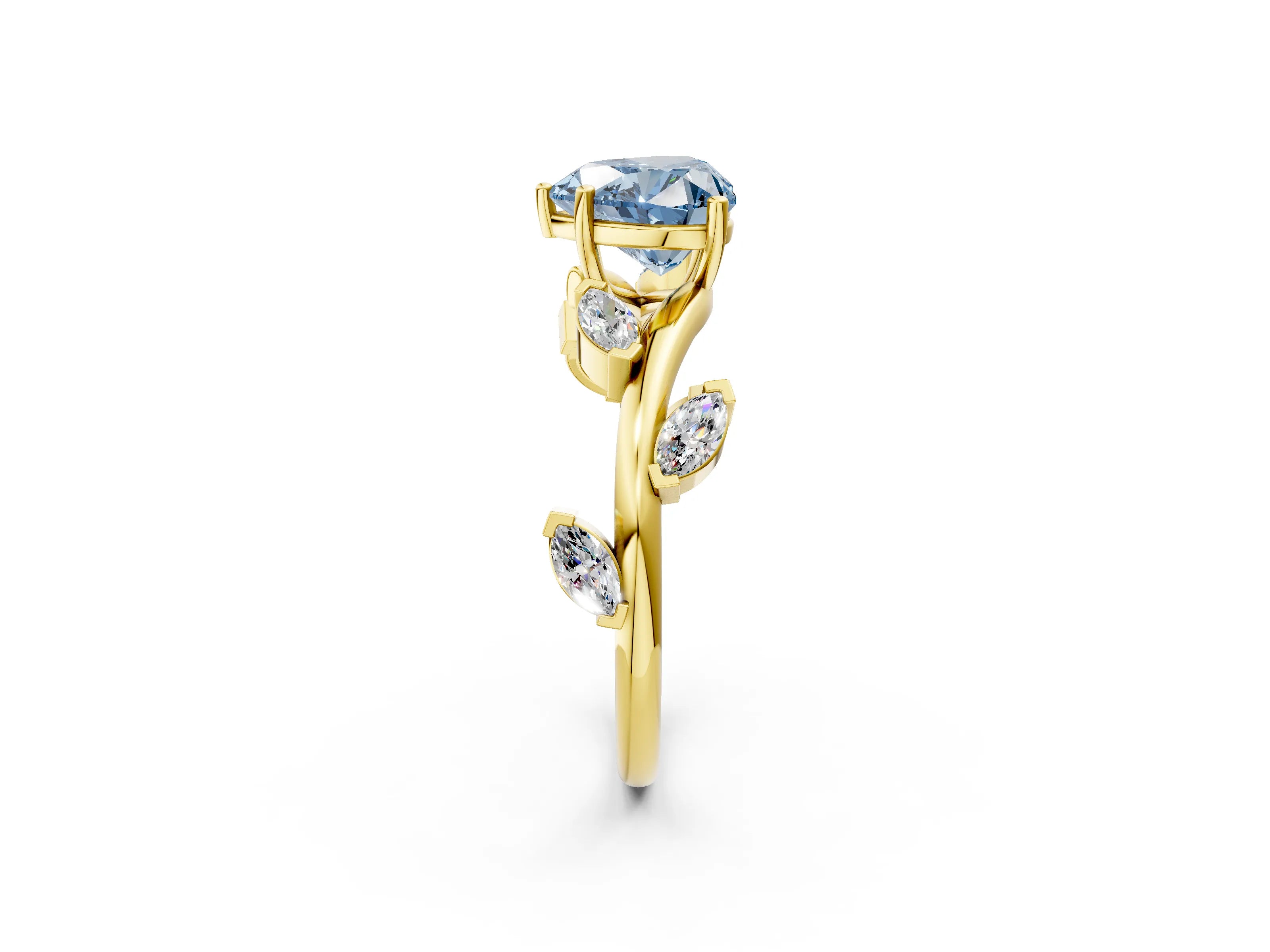 Yellow gold Fancy Blue Heart Cut Solitaire Twisted Band Marquise Accent Prong Setting Ring_2