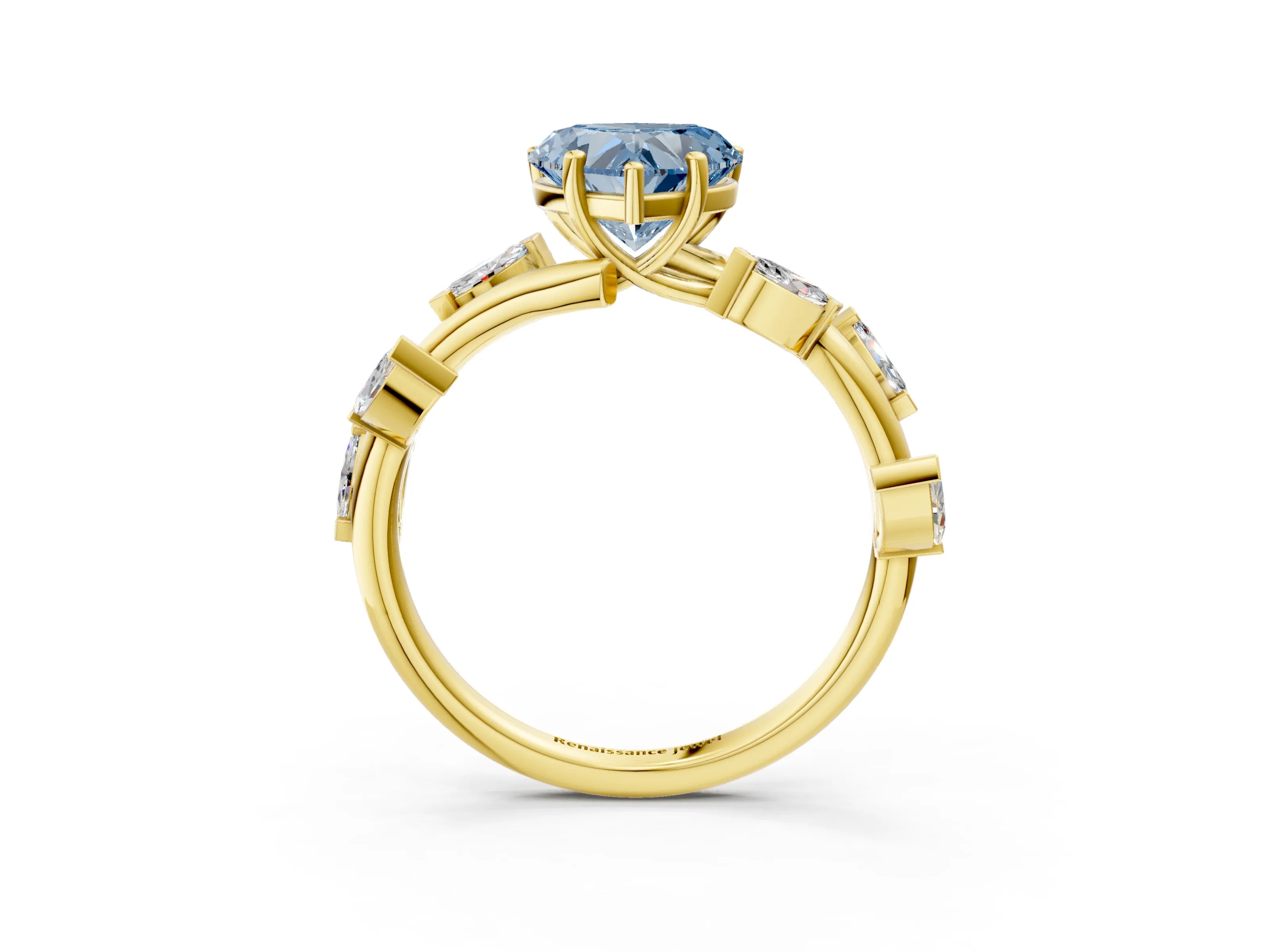 Yellow gold Fancy Blue Heart Cut Solitaire Twisted Band Marquise Accent Prong Setting Ring_3