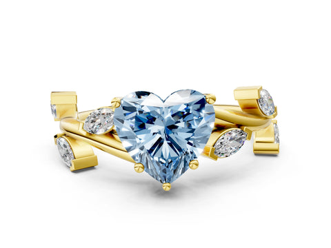 Yellow gold Fancy Blue Heart Cut Solitaire Twisted Band Marquise Accent Prong Setting Ring