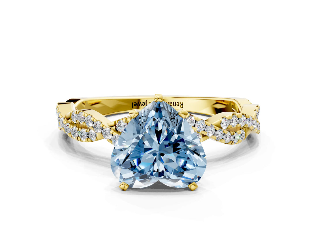 Yellow gold Fancy Blue Heart Cut Solitaire Twisted Pave Band with Four-Prong Setting_3