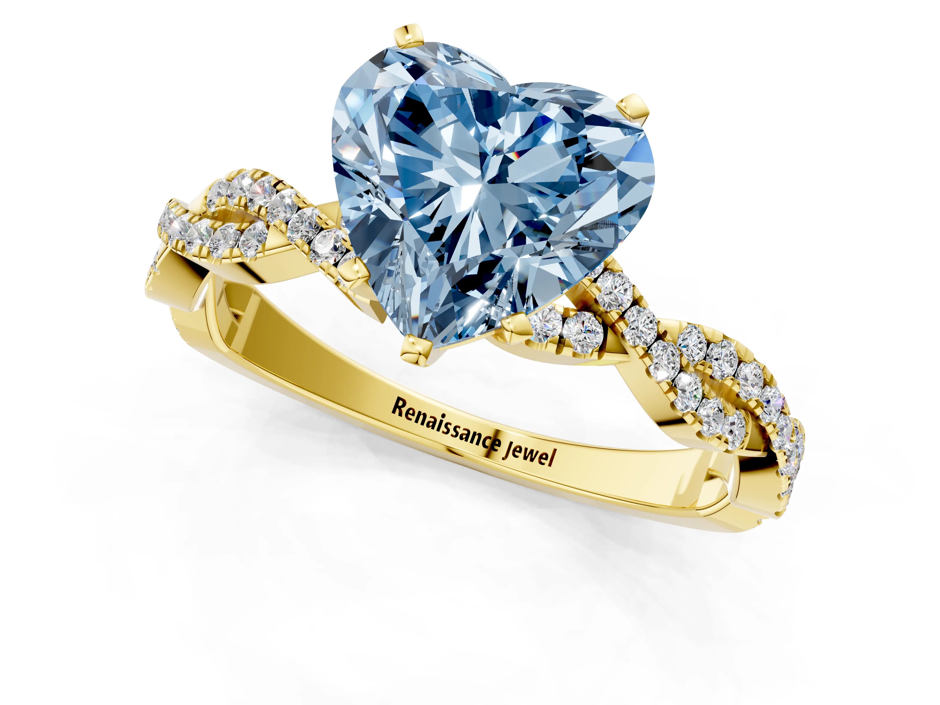 Yellow gold Fancy Blue Heart Cut Solitaire Twisted Pave Band with Four-Prong Setting_4