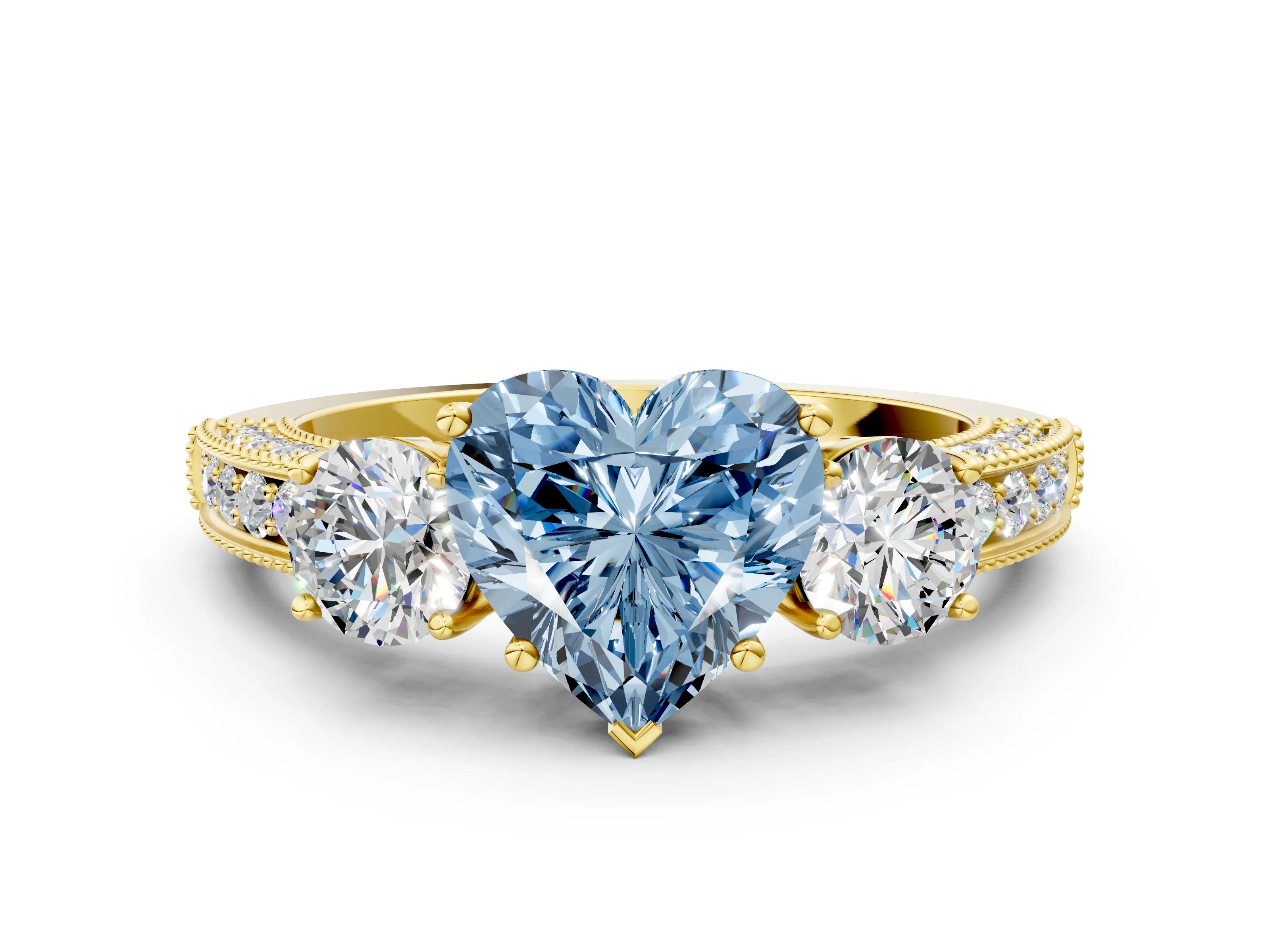 Yellow gold Fancy Blue Heart Cut Three-Stone Diamond Ring with Pavé Band and Four-Prong Setting