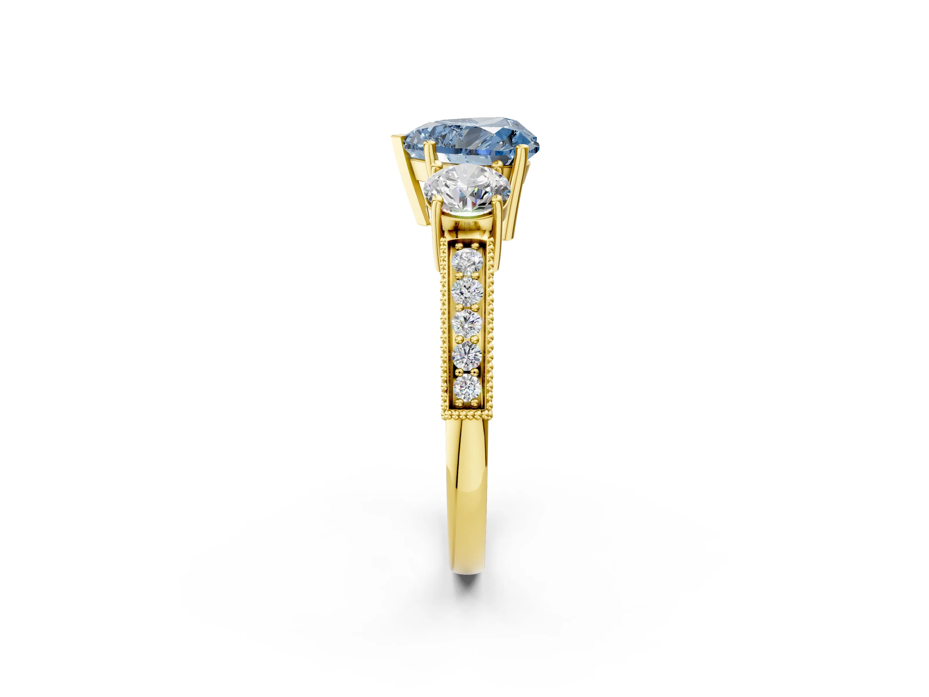 Yellow gold Fancy Blue Heart Cut Three-Stone Diamond Ring with Pavé Band and Four-Prong Setting_2