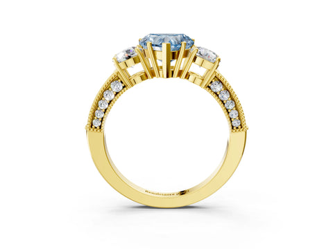 Yellow gold Fancy Blue Heart Cut Three-Stone Diamond Ring with Pavé Band and Four-Prong Setting_3