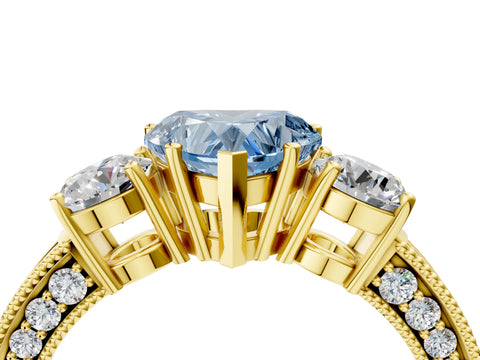 Yellow gold Fancy Blue Heart Cut Three-Stone Diamond Ring with Pavé Band and Four-Prong Setting_4