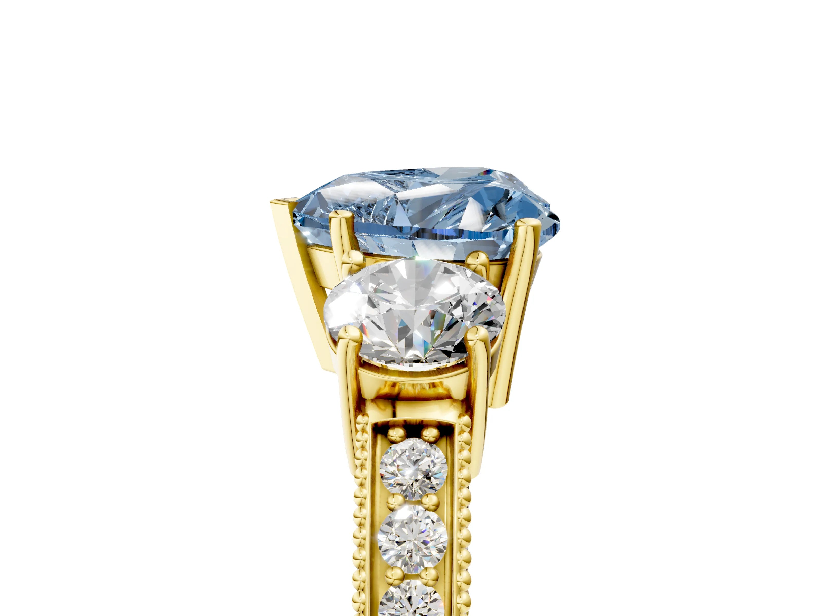Yellow gold Fancy Blue Heart Cut Three-Stone Diamond Ring with Pavé Band and Four-Prong Setting_5
