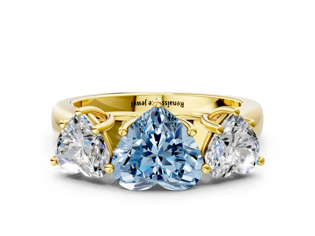 Yellow gold Fancy Blue Heart Cut Three-Stone Diamond Ring with Prong Setting on a Classic Band_12