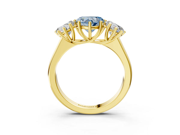 Yellow gold Fancy Blue Heart Cut Three-Stone Diamond Ring with Prong Setting on a Classic Band