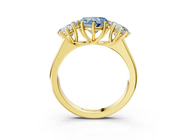 Yellow gold Fancy Blue Heart Cut Three-Stone Diamond Ring with Prong Setting on a Classic Band