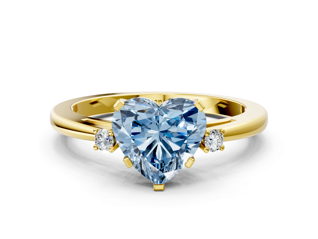 Yellow gold Fancy Blue Heart  Cut Three-Stone Solitaire Ring with Round Accent Diamonds and Four-Prong Setting_20