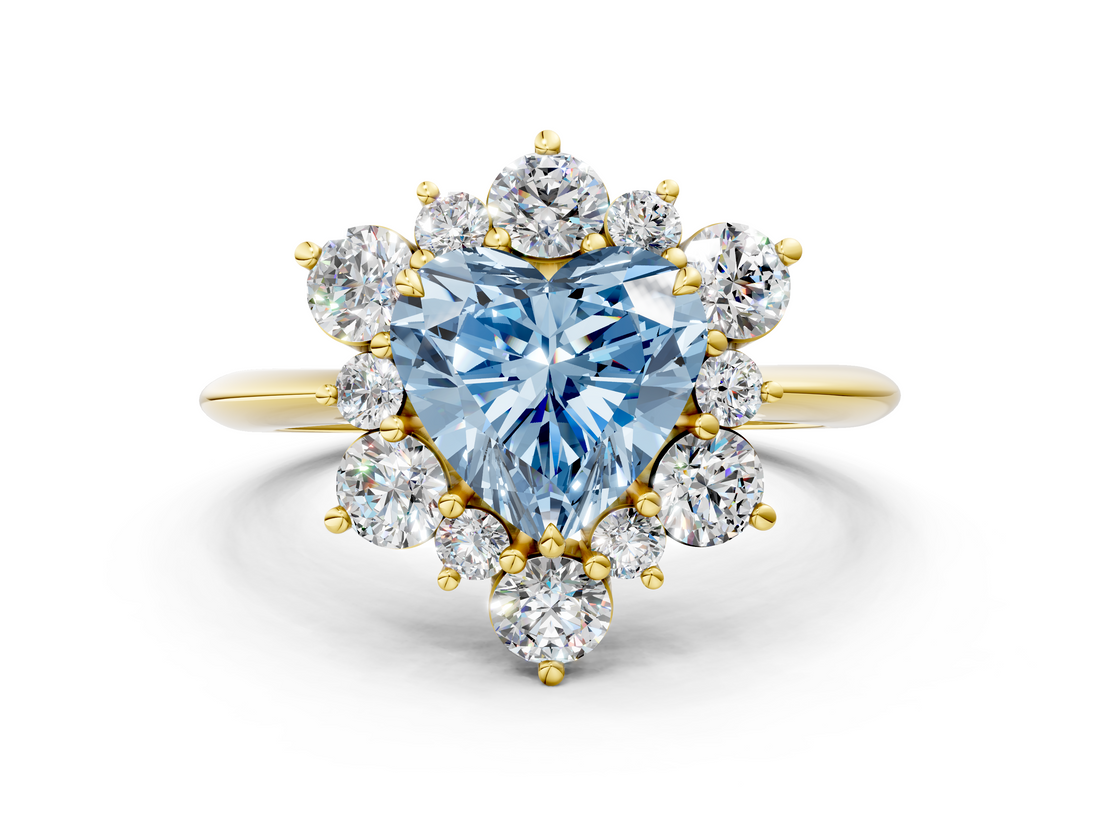 Yellow gold Fancy Blue Heart  Diamond Cluster Halo Ring with Solitaire Band and Four-Prong Setting_20