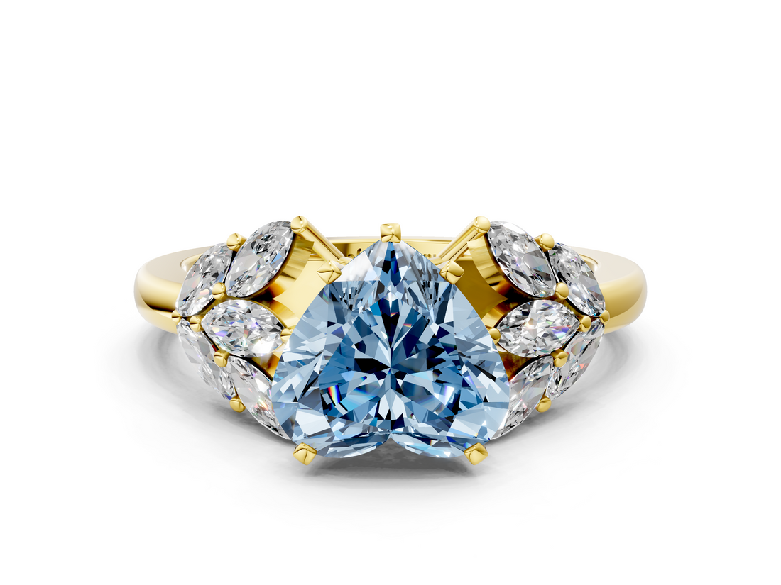 Yellow gold Fancy Blue Heart  Diamond Cluster Leaf Design Ring with Prong Setting_68