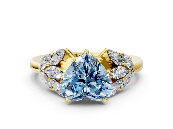 Yellow Gold Heart-Shaped Cluster Leaf Engagement Ring Setting for Fancy Blue Center