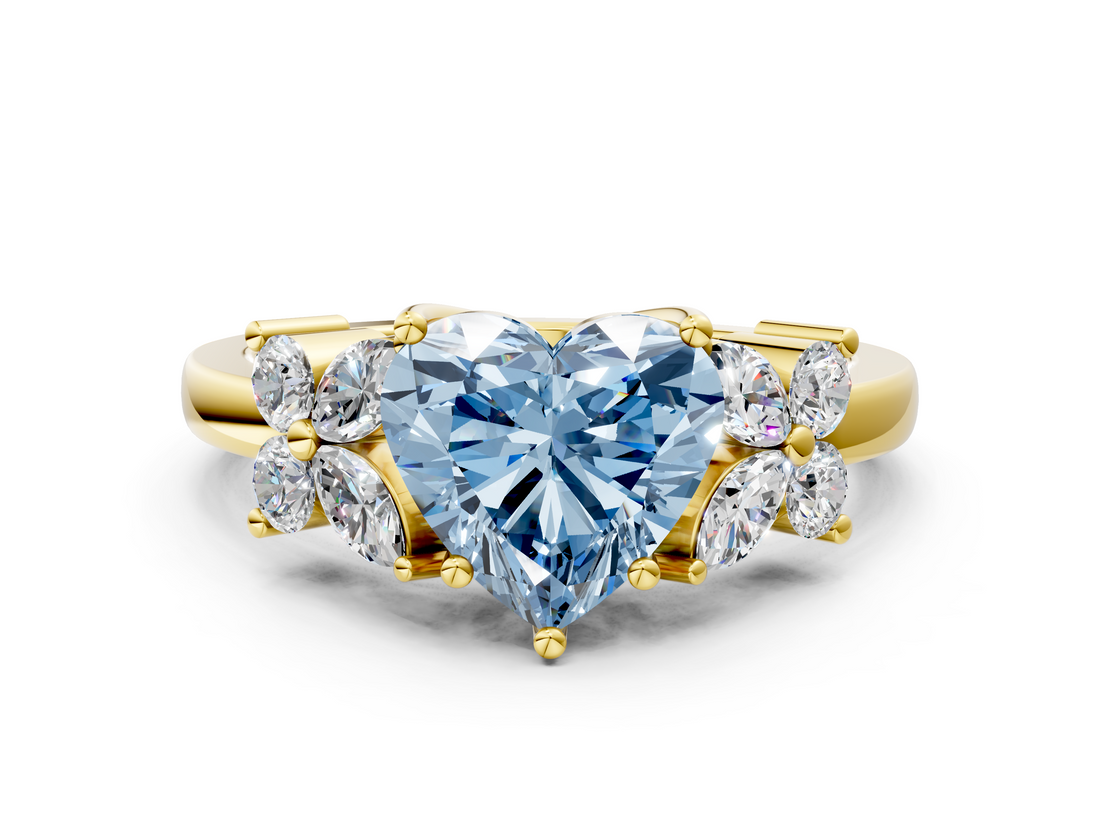 Yellow gold Fancy Blue Heart  Diamond Floral Cluster Ring with Solitaire Band and Prong Setting_48