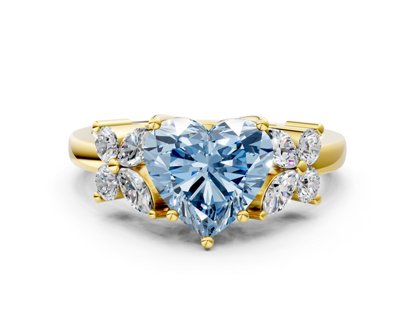 Yellow gold Fancy Blue Heart  Diamond Floral Cluster Ring with Solitaire Band and Prong Setting