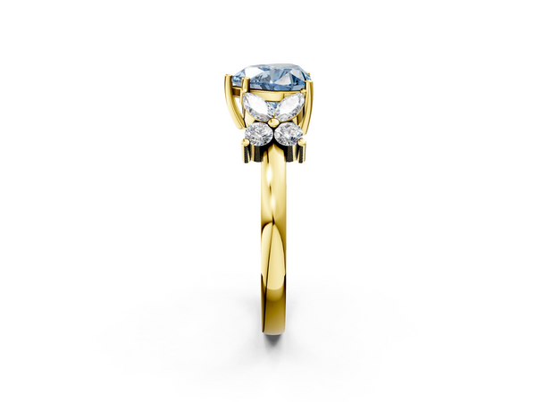 Yellow gold Fancy Blue Heart  Diamond Floral Cluster Ring with Solitaire Band and Prong Setting