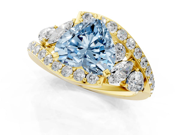 Yellow gold Fancy Blue Heart  Diamond Halo Ring with Marquise and Pavé Band in Prong Setting