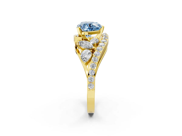 Yellow gold Fancy Blue Heart  Diamond Halo Ring with Marquise and Pavé Band in Prong Setting