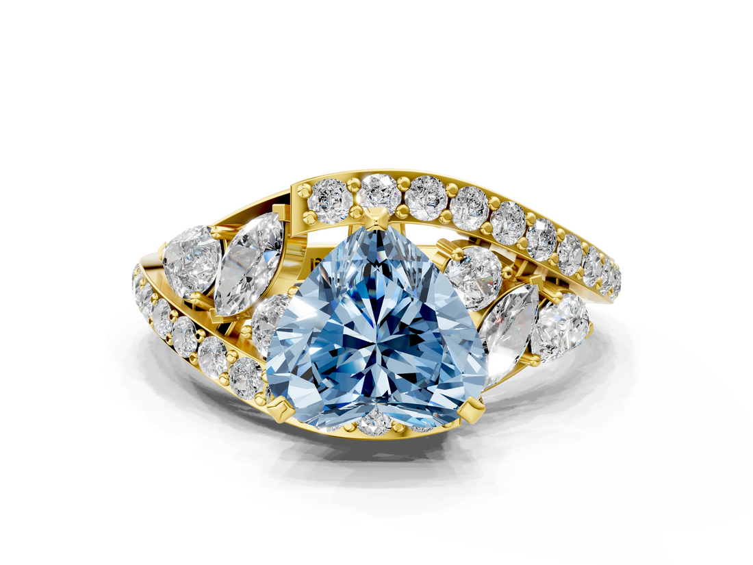 Yellow gold Fancy Blue Heart  Diamond Halo Ring with Marquise and Pavé Band in Prong Setting_51