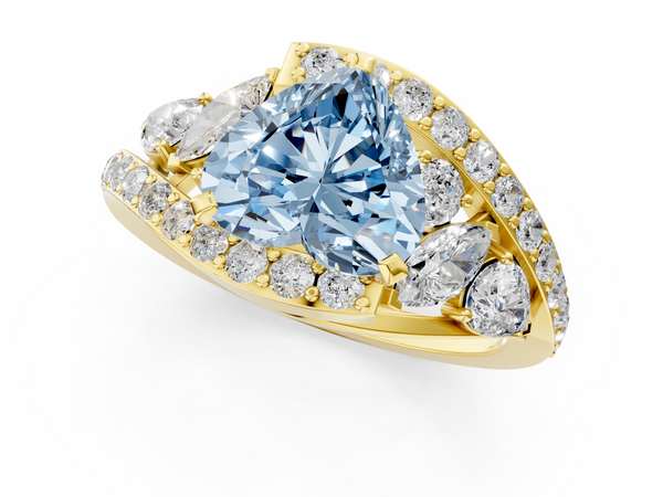 Yellow gold Fancy Blue Heart  Diamond Halo Ring with Marquise and Pavé Band in Prong Setting