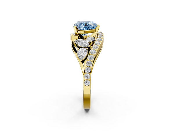 Yellow gold Fancy Blue Heart  Diamond Halo Ring with Marquise and Pavé Band in Prong Setting
