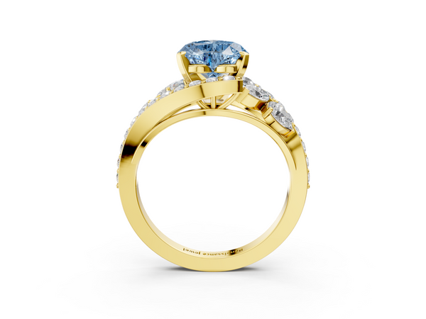 Yellow gold Fancy Blue Heart  Diamond Halo Ring with Marquise and Pavé Band in Prong Setting