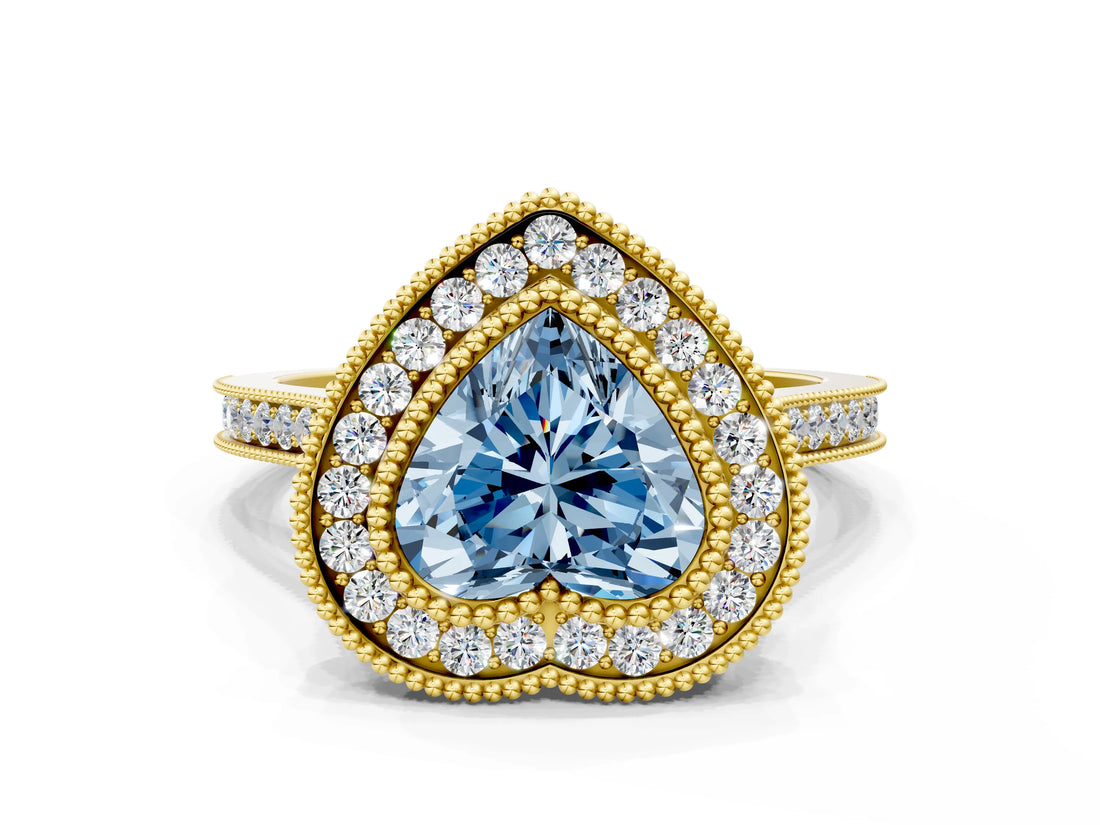 Yellow gold Fancy Blue Heart  Diamond Halo Ring with Milgrain Frame and Pavé Band_60