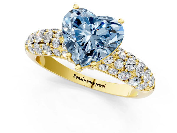 Yellow gold Fancy Blue Heart  Diamond Pavé Band Solitaire Ring with Four-Prong Setting